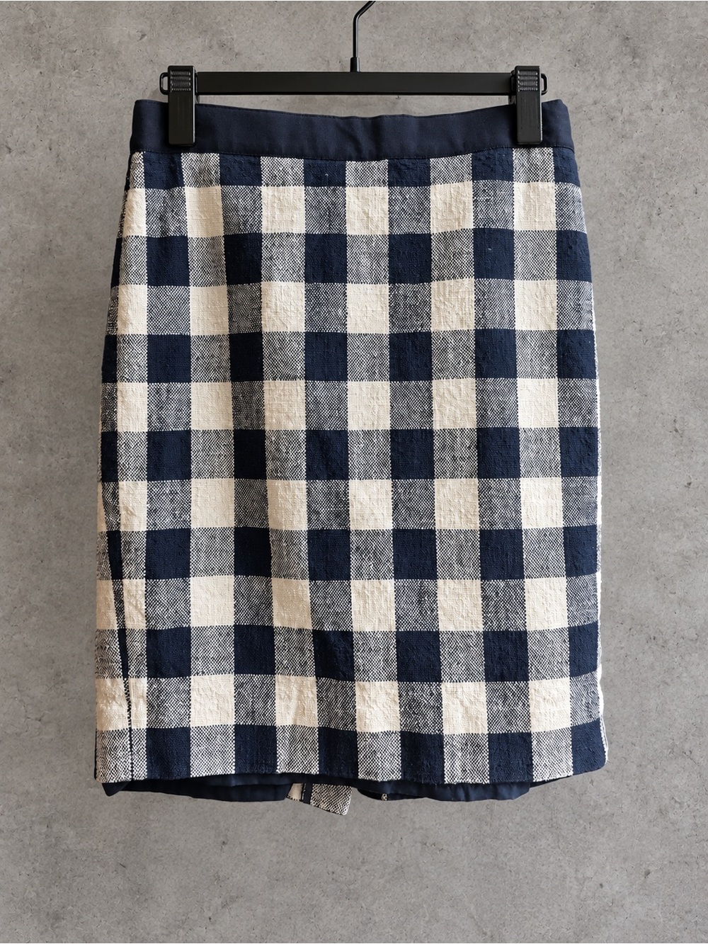 J.Crew Pencil Skirt 00 Navy Cream Gingham Check Cotton Linen Blend Lined